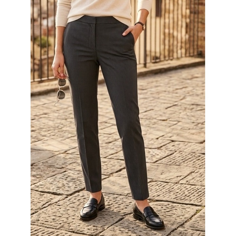 Brooks Brothers Lucia Fit Wool Slim Trouser Dress Pants Women 8 Micro-Check Navy